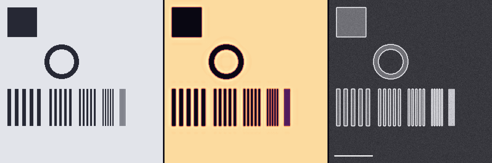 A resolution target printed by EUV: the mask, the light at the wafer, and an SEM-style view